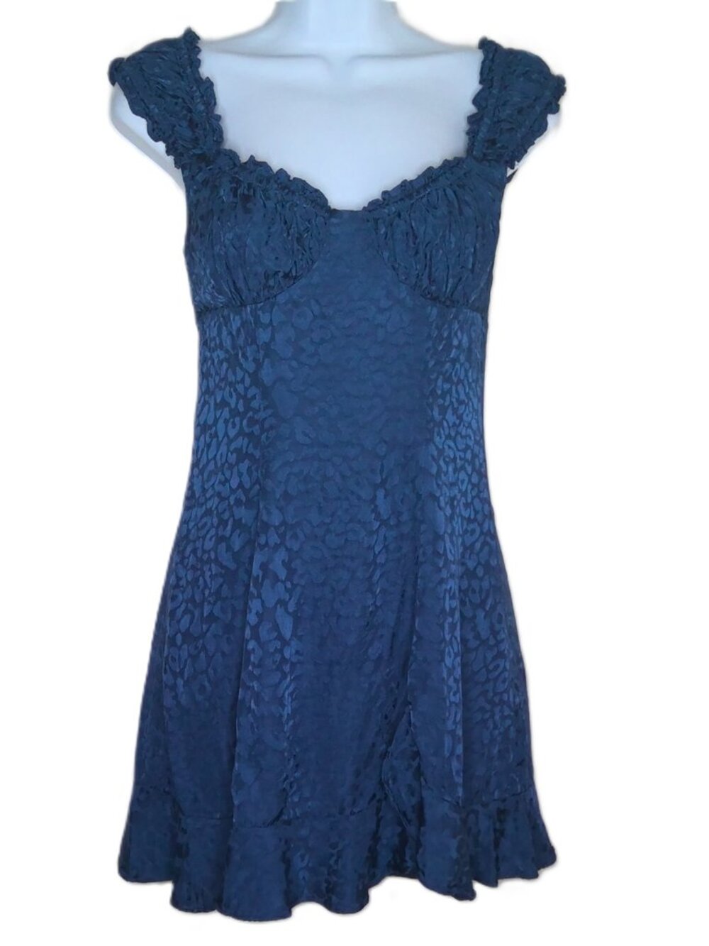 RESET Royal Blue Mini Dress Ruffled Sweetheart Flirty Animal Print Fit & Flare S